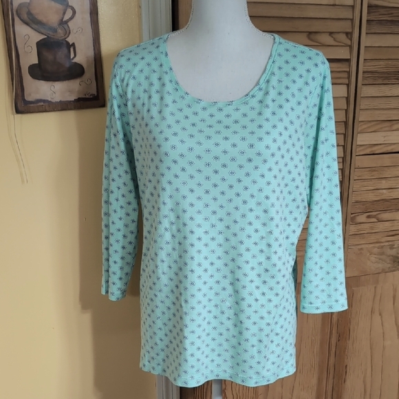 L.L. Bean Mint Green Relaxed Fit Blouse with Flowers XL - Picture 1 of 4
